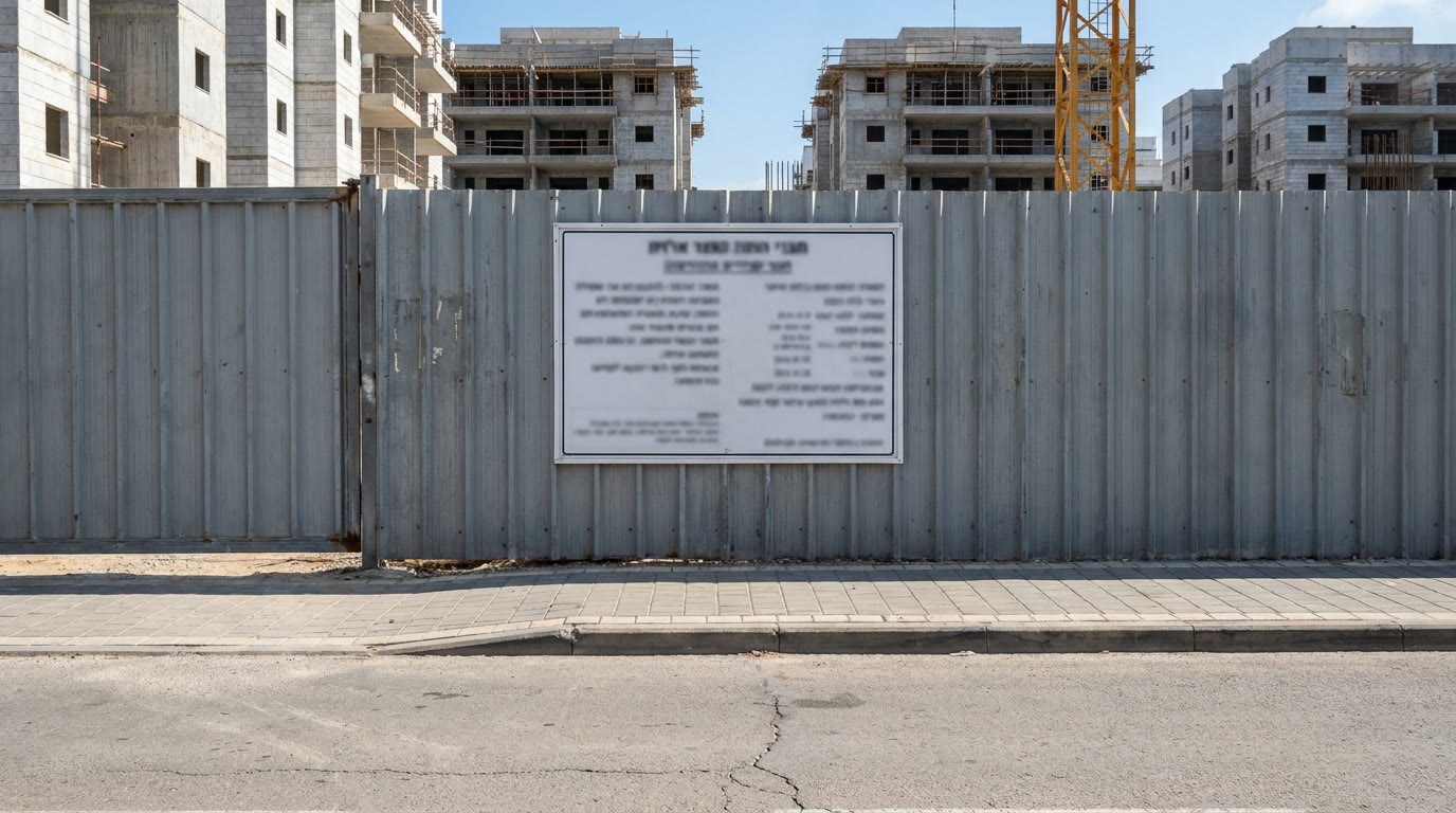 שלט פרויקט מותקן על גדר איסכורית בכניסה לאתר בנייה שלט פרויקט מותקן על גדר איסכורית בכניסה לאתר בנייה